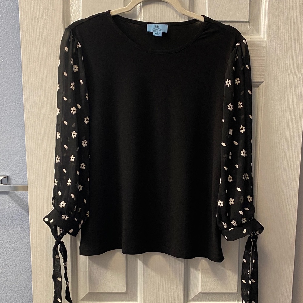 CeCe Black Top with Embroidered Floral Sheer Sleeves